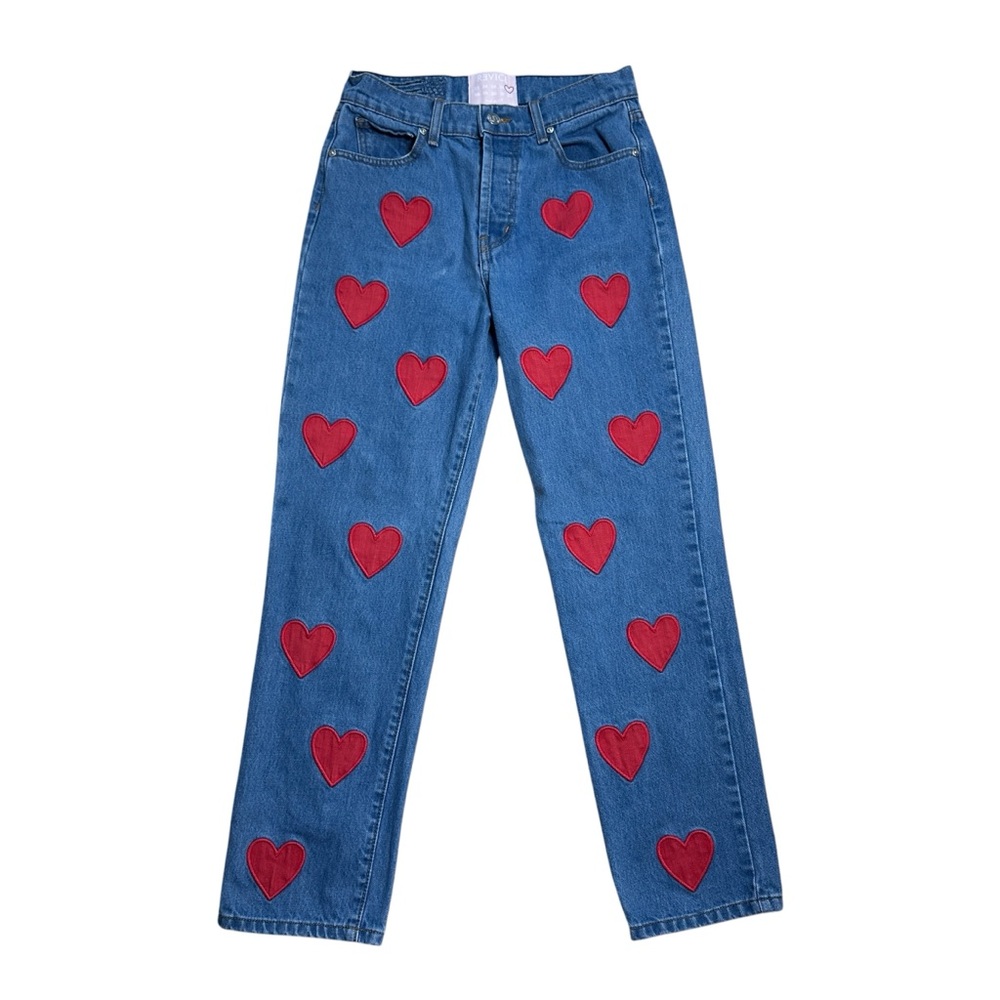 REVICE Blue Straight Leg Jeans with Red Heart Patches - Picture 2 of 8